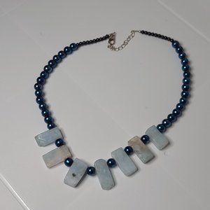 Blue Plastic Bead And Stone Necklace Adjustable 19 To 20.5 Inches Long